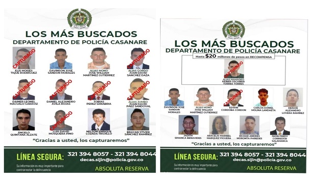 CARTEL DE LOS MAS BUSCADOS EN EL DEPARTAMENTO DE CASANARE
