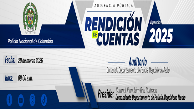 Invitaci&oacute;n a la rendici&oacute;n de cuentas de la Polic&iacute;a Nacional del Departamento de Polic&iacute;a Magdalena Medio que se realizara el 20 de marzo a las 09:00 am         