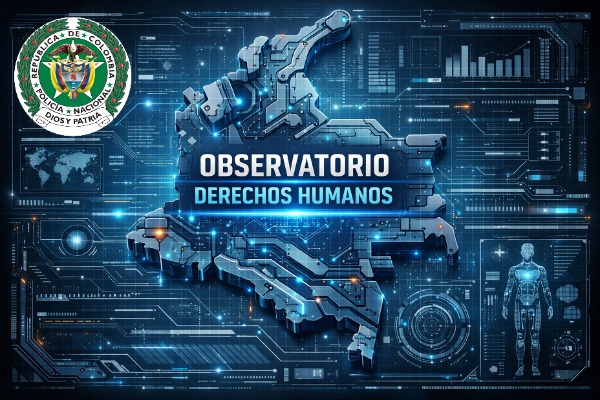 mapa de colombia con escudo de la policia nacional en tema robotico con graficos y analisis