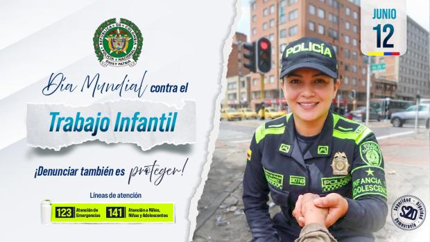 Policia de Infancia y Adolescencia dando la mano a un ni&ntilde;o en la calle. Texto D&iacute;a mundial contra el trabajo infantil, denunciar tambi&eacute;n es proteger.