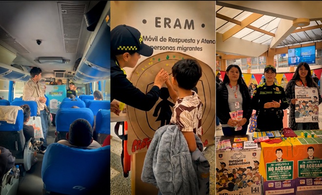 collage de tres fotografías que muestran a uniformados de la policía metropolitana realizando actividades de prevención y sensibilización en la terminal de transportes de pasto 