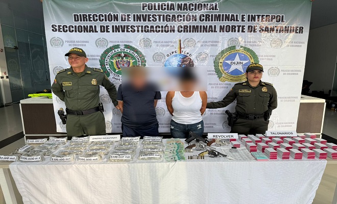 Captura en flagrancia de dos individuos y la incautación de importantes elementos materiales probatorios y evidencias físicas utilizados presuntamente para el financiamiento ilegal de dicha organización.