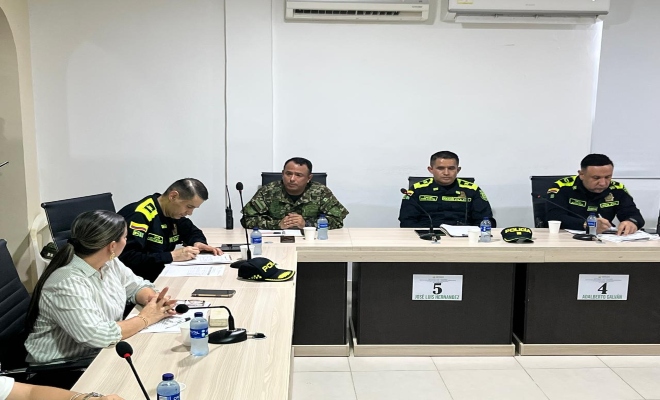 cinco personas en una reunión en articulacion con la fuerza publica