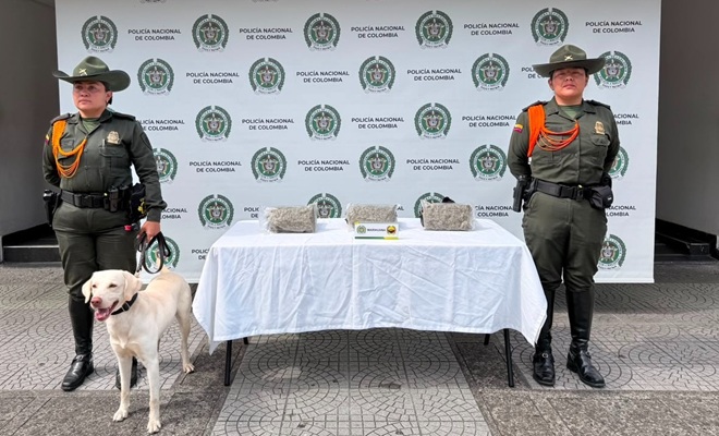 3 bolsas de marihuana, una mesa, dos carabineros, un pendón 