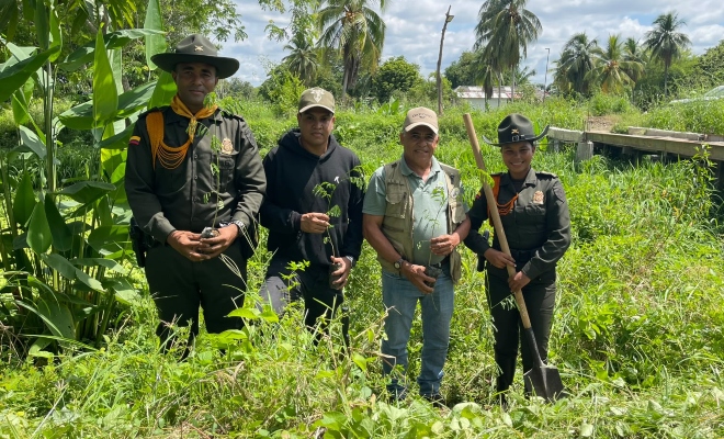 Dos funcionario de carabineros junto a dos ciudadanos con plántulas de arboles maderables 