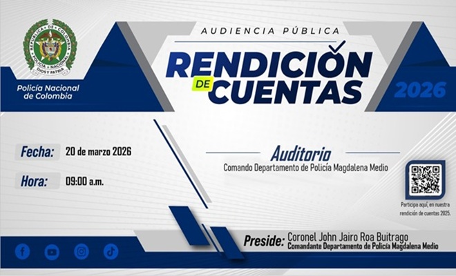 Invitaci&oacute;n a la rendici&oacute;n de cuentas del Departamento de Polic&iacute;a Magdalena Medio, que se realizara el 20 de marzo de 2026 a las 09:00 a.m.