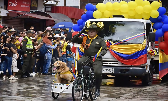 Un canino junto a su gu&iacute;a desfilando