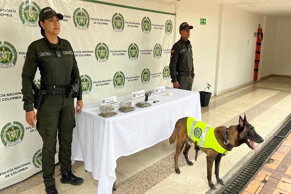 Dos Polic&iacute;as, canino Odhil, mesa con estupefacientes y arma de fuego