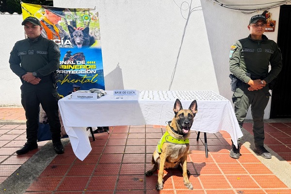 Dos policías junto al canino CAVA, con estupefacientes incautados