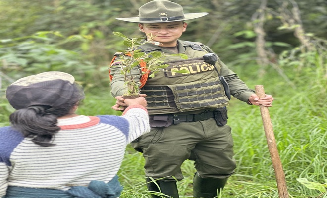 Policía de carabineros recibiendo un árbolito por parte de una ciudadana 